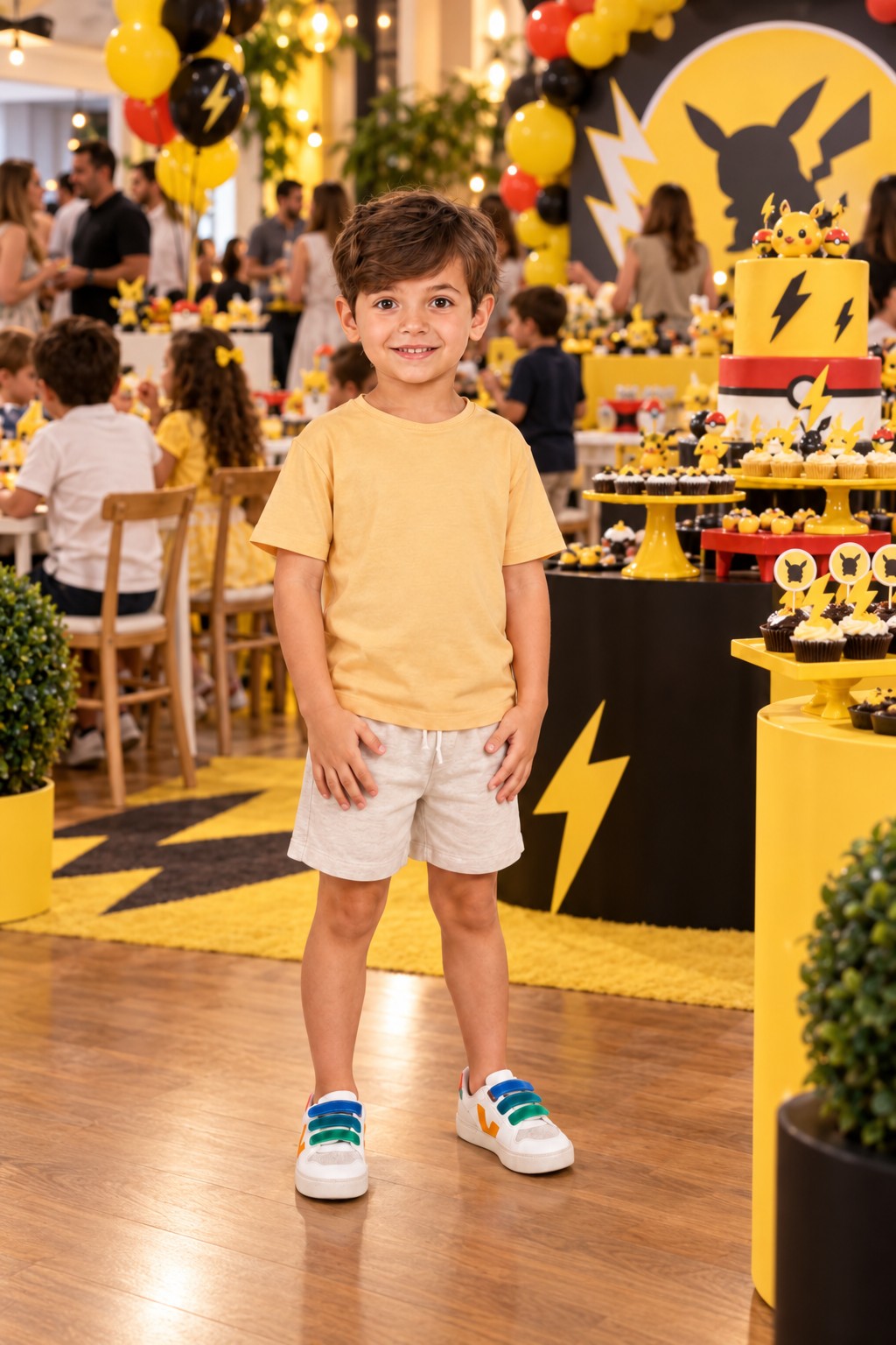 A foto tirada no salão: menino de camiseta amarela, na festa