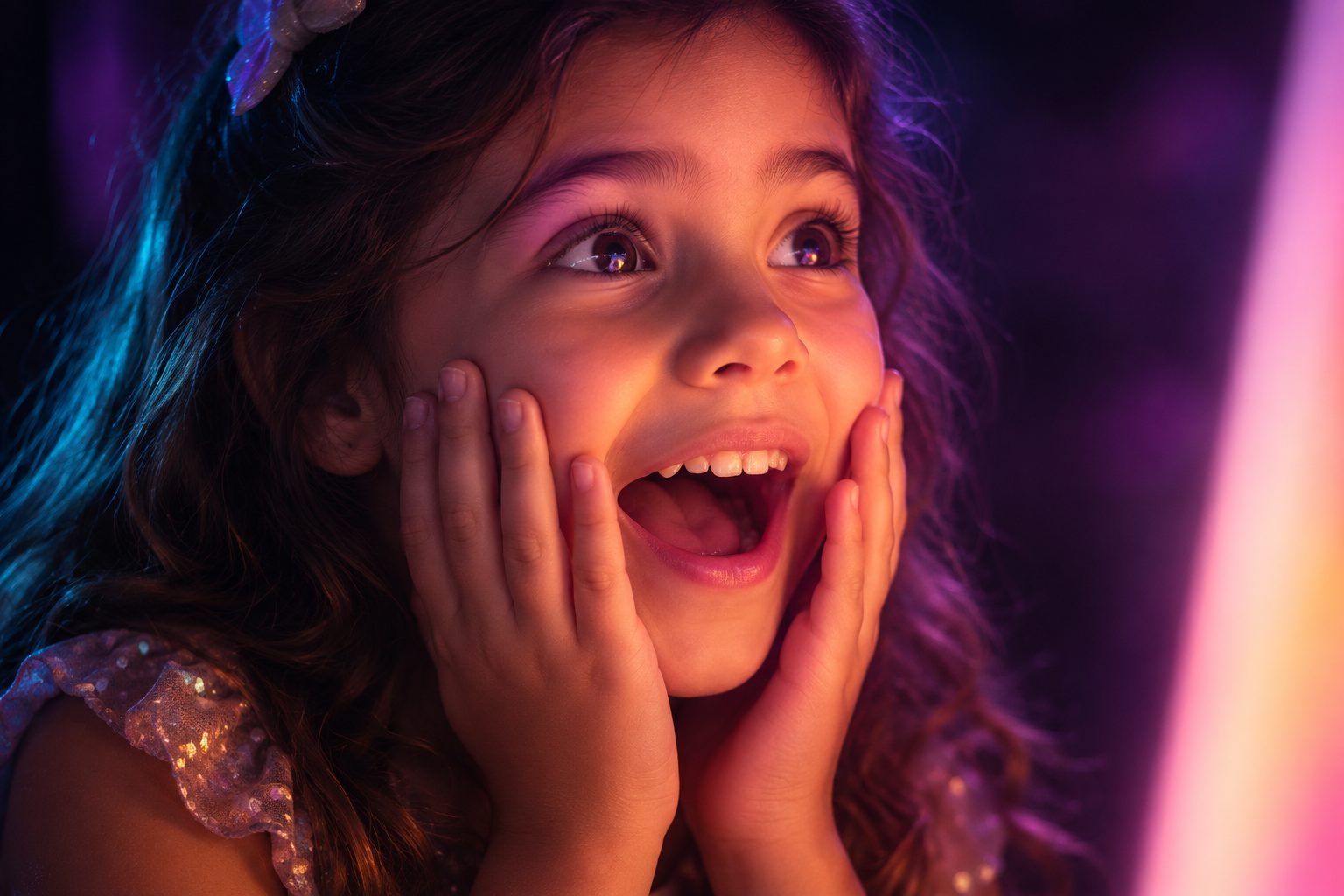 Menina com expressão de surpresa e alegria iluminada pela luz do portal