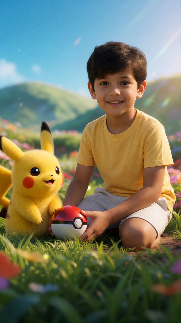 A mesma criança, 30 segundos depois, no tema Pokémon ao lado do Pikachu